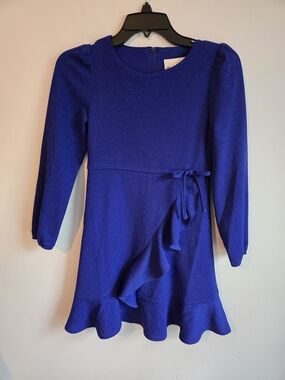 Girls Sparkle Royal Blue Long Sleeve Faux Wrap Party Dress with Bow Sz 10